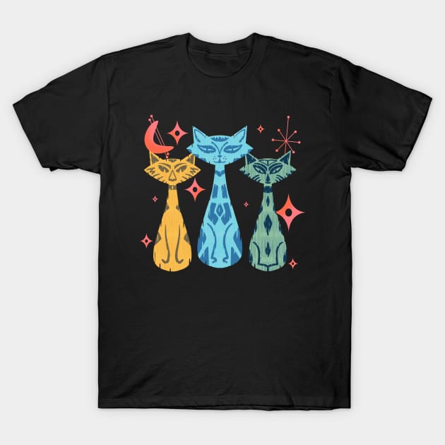 Colorful Funny Tiki Kitty Cats with Mid-Century Modern Vintage Vibe T-Shirt by ksrogersdesigns